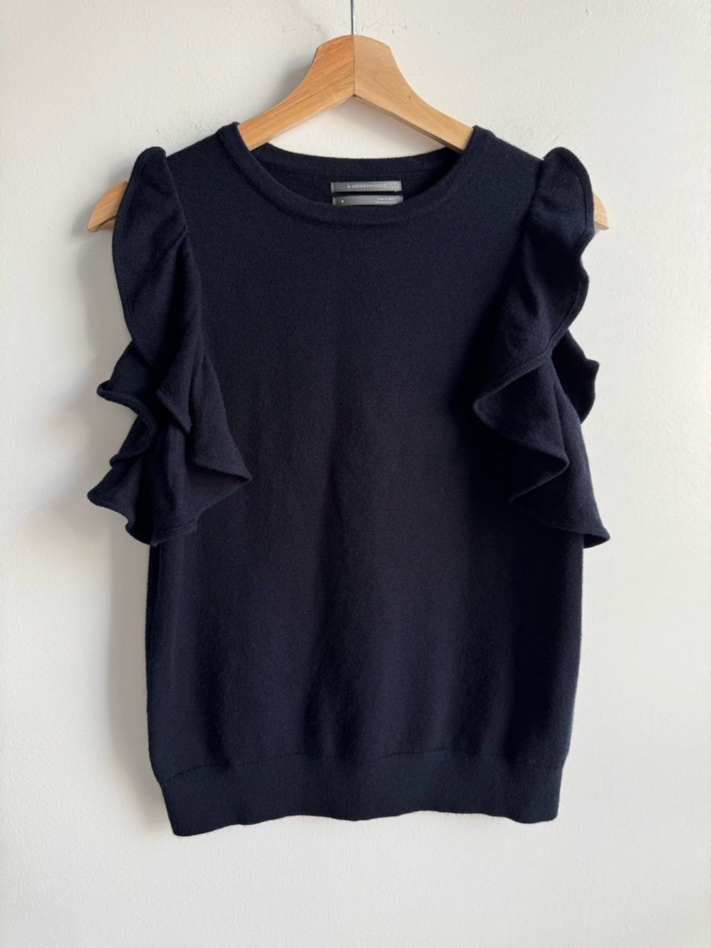 Anthropologie Navy Ruffle Sweater Knit Short Sleeve Top